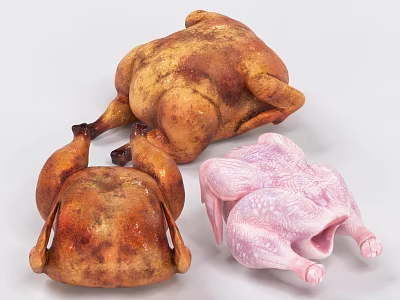 Three Whole Chickens Featuring Two Crispy Golden Roasted And One Pink Raw 3d model
