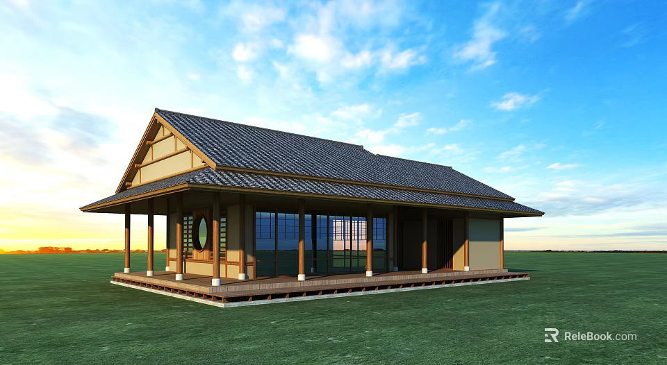 Traditional Japanese Building With Black Tiled Roof Wooden Veranda Green Grassland And Blue Sky 3d model 