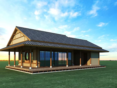 Traditional Japanese Building With Black Tiled Roof Wooden Veranda Green Grassland And Blue Sky 3d model