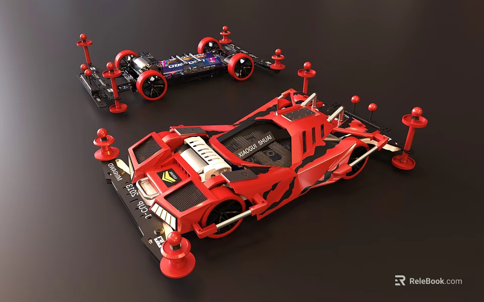Red Electric Toy Racing Cars With Aerodynamic Design And Decorative Red Posts 3d model 
