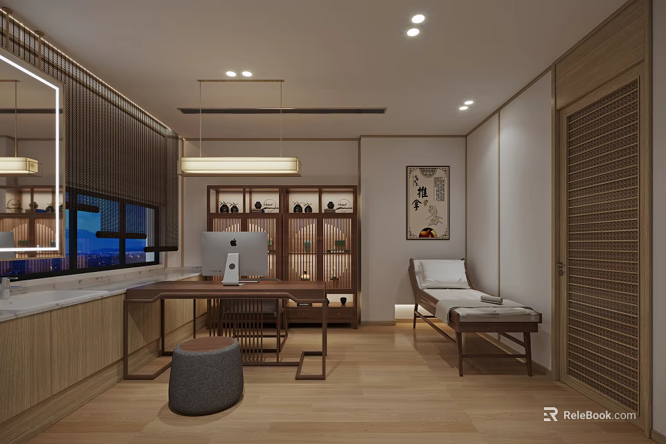 SPA Sauna Traditional Wooden Interior Design With Oriental Relaxation Lounger And Warm Lighting 3d model 