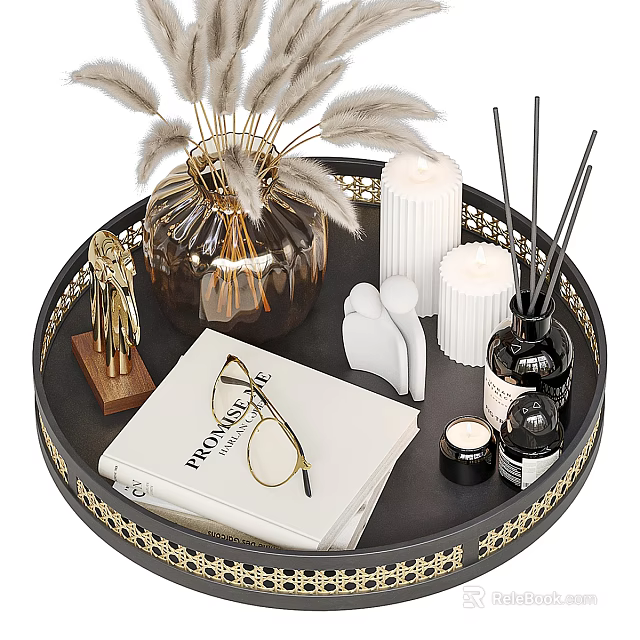 Elegant Decorative Ornament Set With Feather Vase Golden Sculpture Candles Black Tray And Golden Trim 3d model 