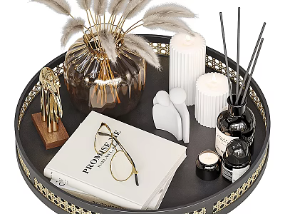 Elegant Decorative Ornament Set With Feather Vase Golden Sculpture Candles Black Tray And Golden Trim 3d model