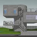 Modern Detached Villa Featuring Concrete Structure Large Windows Balcony Staircase And Green Lawn