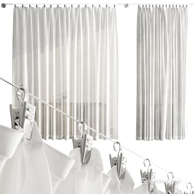 White Modern Floor Length Curtains With Curtain Rod And Clips For Home Decor 3d model 