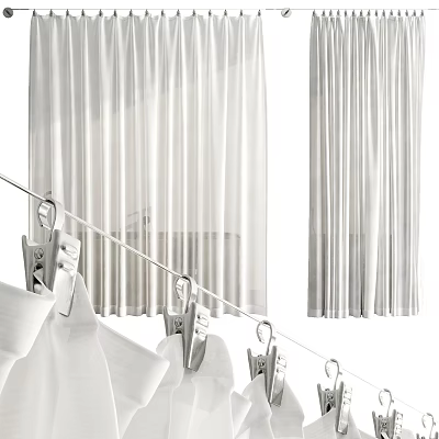 White Modern Floor Length Curtains With Curtain Rod And Clips For Home Decor 3d model