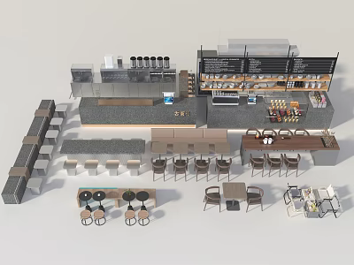 Modern Café Interior With Bar Counter Wooden Tables Chairs And Menu Boards 3d model