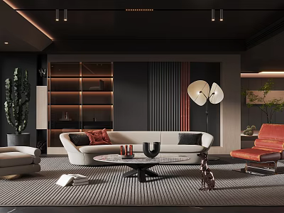 Modern Living Room With Sofa Armchairs Coffee Table Shelves And Floor Lamp 3d model