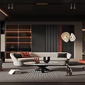 Modern Living Room With Sofa Armchairs Coffee Table Shelves And Floor Lamp