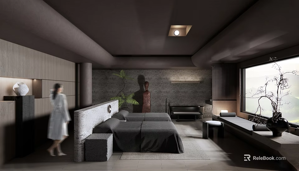 Serene Hotel Room Interior With Stone Headboard Dark Bedding Green Plant And Wooden Walls 3d model 