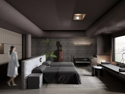 Serene Hotel Room Interior With Stone Headboard Dark Bedding Green Plant And Wooden Walls 3d model