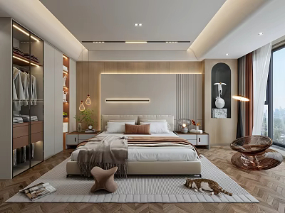 Elegant Modern Bedroom Interior With Wardrobe Bed Nightstands Soft Rug Pendant Lights And Floor-to-Ceiling Window 3d model