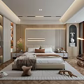 Elegant Modern Bedroom Interior With Wardrobe Bed Nightstands Soft Rug Pendant Lights And Floor-to-Ceiling Window