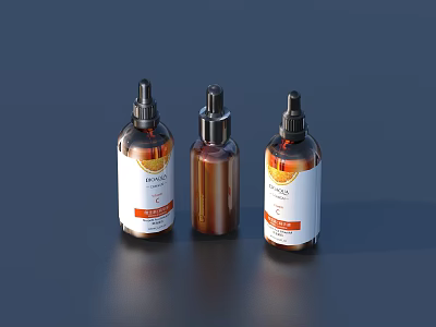 Natural Skincare Essential Bottles Three Brown Containers with White Labels and Orange Designs 3d model