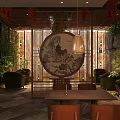 Traditional Japanese Restaurant Interior with Wooden Bar Counter Dining Tables and Green Plants
