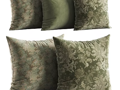 Elegant Green Throw Pillows With Intricate Floral Patterns And Soft Velvet Fabric 3d model