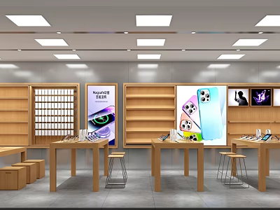 Modern Digital Store Interior With Smartphones On Wooden Shelves And Display Tables 3d model