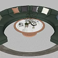 Green Circular Sectional Sofa with Colorful Cushions and Round Coffee Table on Terrazzo Floor