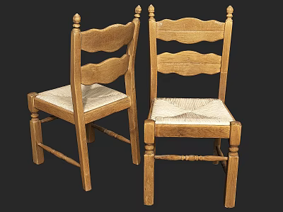 Wooden Dining Chairs With Curved Backrest And Woven Seat Design 3d model