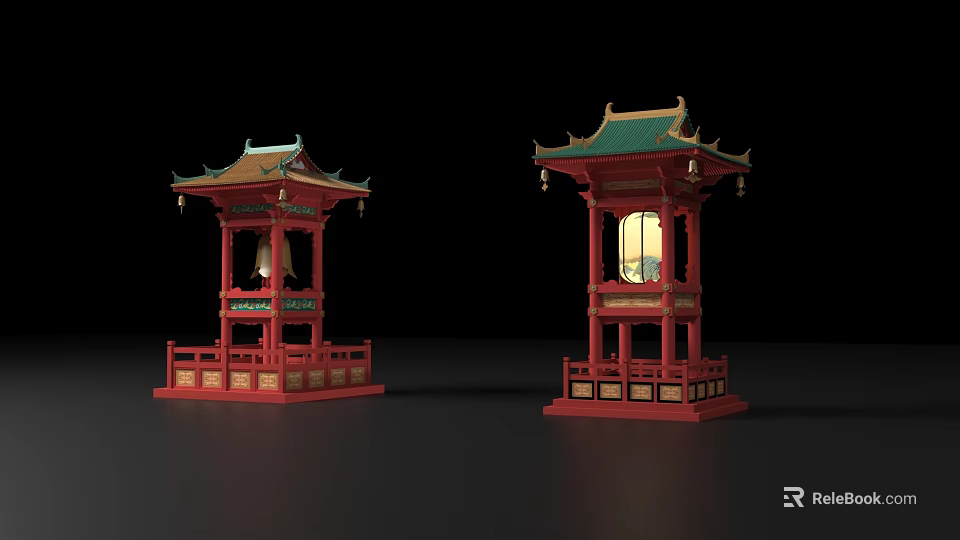 Traditional Chinese Lanterns With Red Base Green Roof Ornate Details And Bell Decorations 3d model 