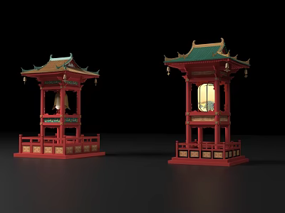 Traditional Chinese Lanterns With Red Base Green Roof Ornate Details And Bell Decorations 3d model