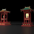 Traditional Chinese Lanterns With Red Base Green Roof Ornate Details And Bell Decorations