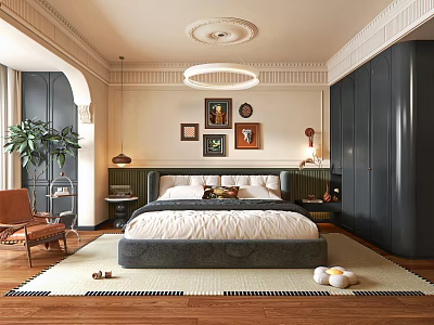 Elegant Modern Bedroom Interior With Dark Wardrobe Wall Art Wooden Floor And Area Rug 3d model