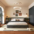 Elegant Modern Bedroom Interior With Dark Wardrobe Wall Art Wooden Floor And Area Rug