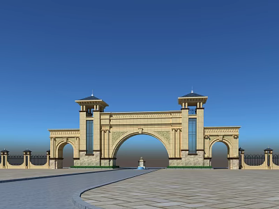 Grand Classical Entrance Gate Featuring Arch Design Twin Towers And Stone Structure In Plaza 3d model