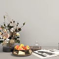 Stylish Decorative Ornament Combination With Flowers Green Plants Glass Candle Holders Fruit Plate On White Shelf