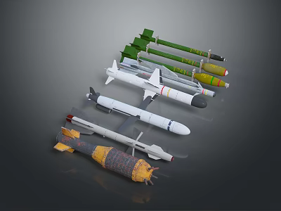 Various Types of Military Weapons Featuring Missiles Bombs and Different Designs 3d model
