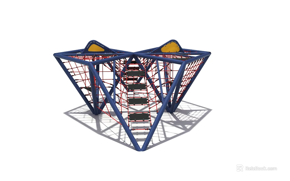 Kids Outdoor Climbing Structure With Blue Frame Yellow Top Red Net And Ladder 3d model 