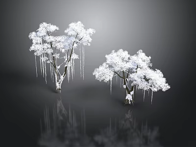 Two White Frosted Trees With Hanging Icicles And Clear Reflection On Dark Background 3d model