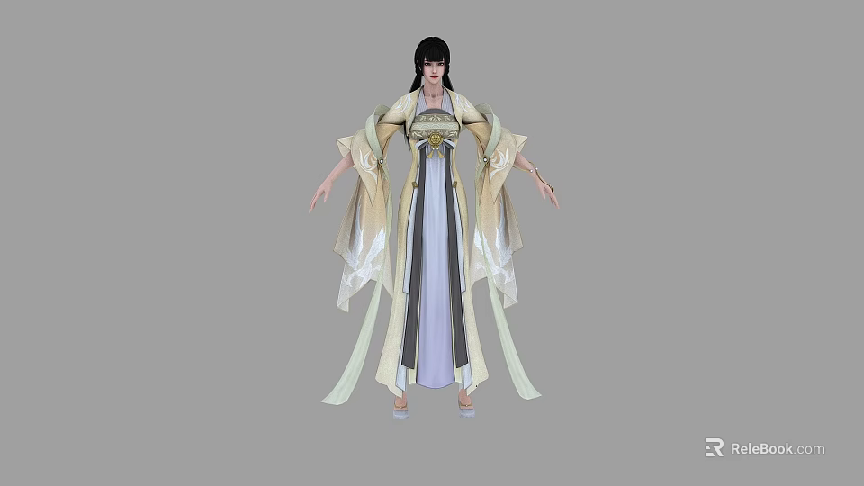 Woman In Elegant Traditional Dress With Flowing Sleeves And Long Cream White Skirt 3d model 