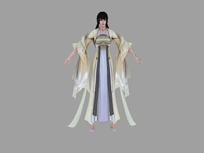 Woman In Elegant Traditional Dress With Flowing Sleeves And Long Cream White Skirt 3d model