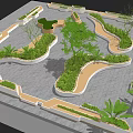 Roof Garden Design With Curved Planters Green Plants And Stone Paved Layout