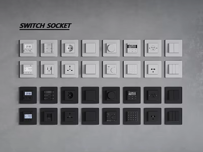 Modern Switch Sockets With Various Styles In White And Black Arranged 3d model