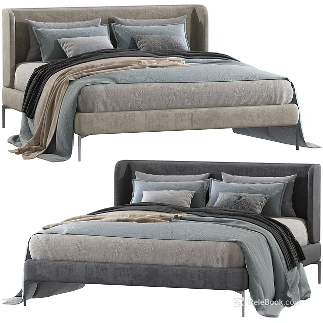 Modern Double Bed With Gray Beige Headboard Soft Pillows And Light Blue Blankets 3d model 