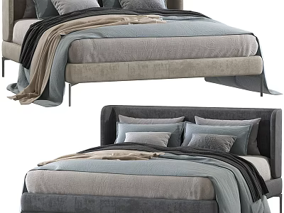 Modern Double Bed With Gray Beige Headboard Soft Pillows And Light Blue Blankets 3d model