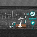 Scenic Brick Wall With Chinese Calligraphy Circular Green Sign Bench And Parking Sign