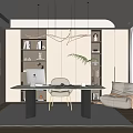 Study Desk and Chair Combination Lazy Sofa Bookcase Chandelier Hanging Painting Decorations 3d model