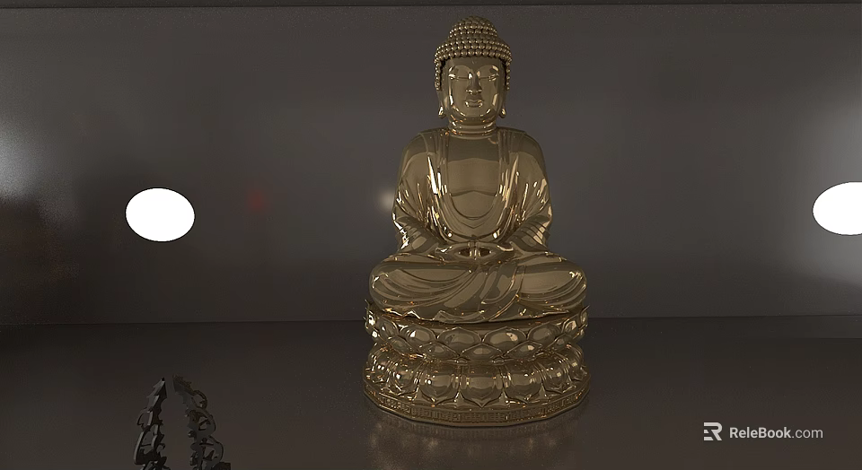 Golden Buddha Sculpture Sitting On Intricate Lotus Base With Detailed Carving 3d model 