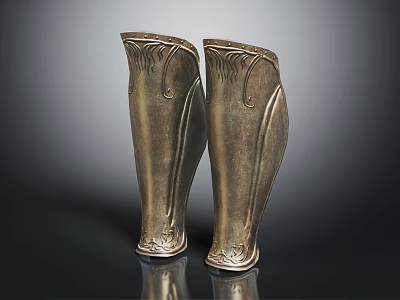 Antique Bronze Greaves With Intricate Carved Patterns On Black Reflective Surface 3d model