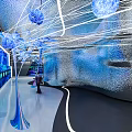 Futuristic Tech Exhibition Hall With Blue Light Orbs And Interactive Digital Installations 3d model