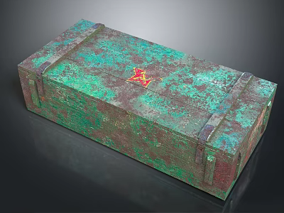 Vintage Metal Trunk With Green Patina Surface Red Emblem And Metal Straps 3d model