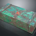 Vintage Metal Trunk With Green Patina Surface Red Emblem And Metal Straps