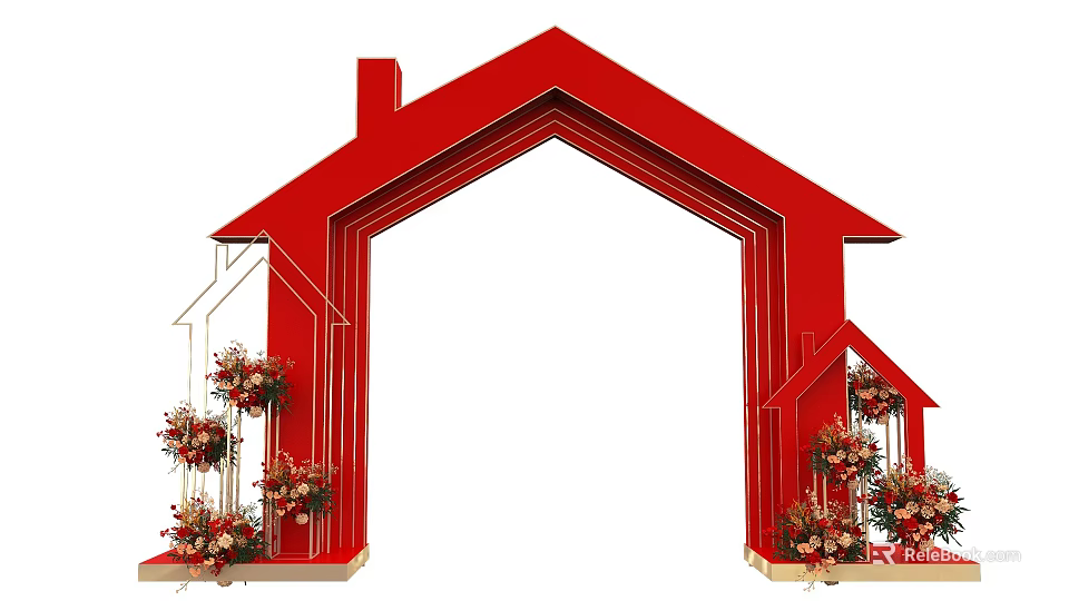 Red House Shaped Arch With Decorative Flower Bouquets Arranged On Both Sides 3d model 
