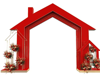 Red House Shaped Arch With Decorative Flower Bouquets Arranged On Both Sides 3d model