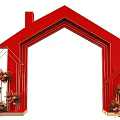 Red House Shaped Arch With Decorative Flower Bouquets Arranged On Both Sides