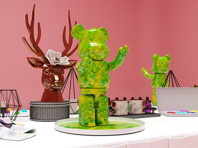 Green Bear Sculptures And Deer Head Carving On Pink Background With Painting Materials 3d model